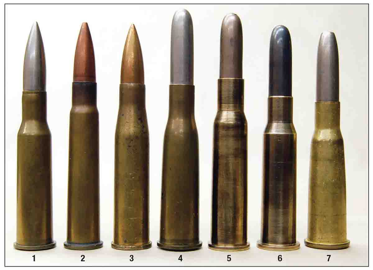 Rimmed military rounds contemporary with the Siamese include: (1) 7.62x54R Russian, (2) .303 British, (3) 8mm Hungarian Mannlicher, (4) 8mm Kropatschek, (5) 8x58R Danish Krag, (6) 8x50R Mannlicher, which is identical to the 8x50Rmm (Type 45) Siamese and (7) 8mm Lebel. Not much originality here.